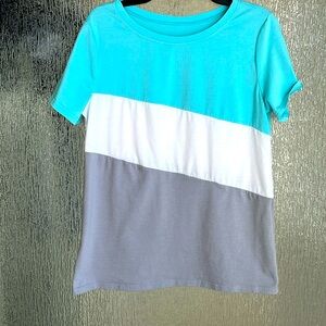 Large blue, white, and grey striped t-shirt